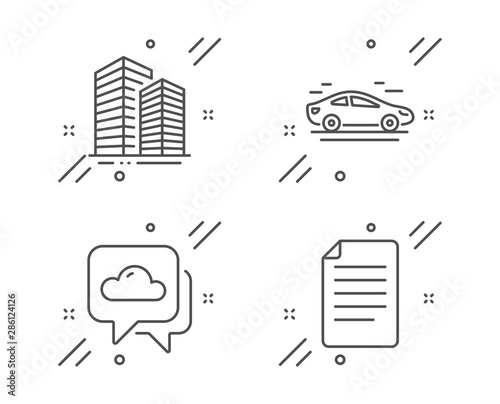 Car, Skyscraper buildings and Weather forecast line icons set. File sign. Transport, Town architecture, Cloudy. Paper page. Business set. Line car outline icon. Vector