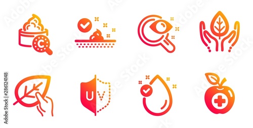 Uv protection, Skin care and Vision test line icons set. Vitamin e, Fair trade and Organic tested signs. Collagen skin, Medical food symbols. Ultraviolet, Face cream. Healthcare set. Vector