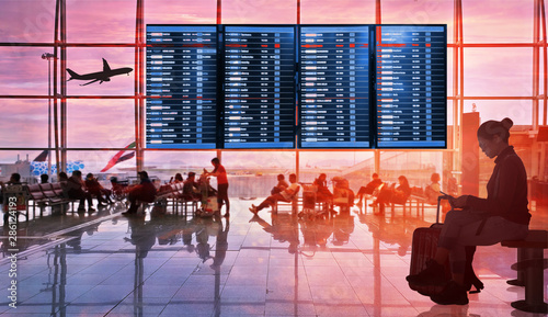 Silhouettes passenger airport. Airline travel concept.