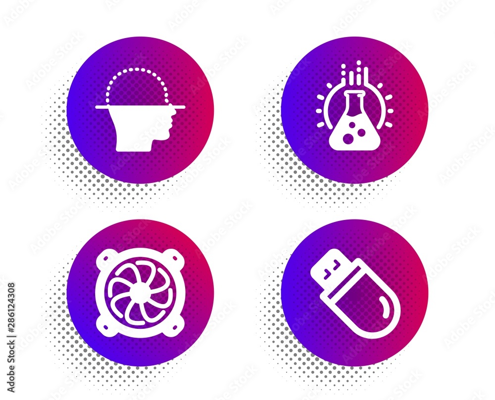 Face scanning, Chemistry lab and Computer fan icons simple set. Halftone dots button. Usb stick sign. Faces detection, Laboratory, Pc ventilator. Memory flash. Science set. Vector