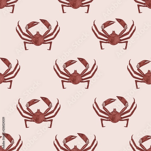Realistic seamless pattern with northern kelp crabs on light background. Eleg...