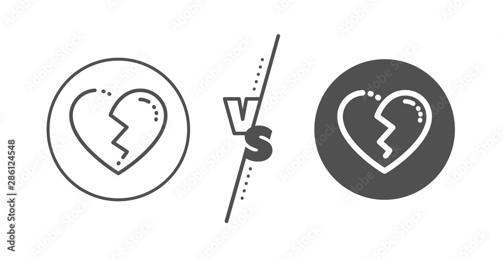 Love crush sign. Versus concept. Broken heart line icon. Divorce symbol. Line vs classic broken heart icon. Vector Love crush sign. Versus concept. Broken heart line icon. Divorce symbol. Line vs classic broken heart icon. Vector
