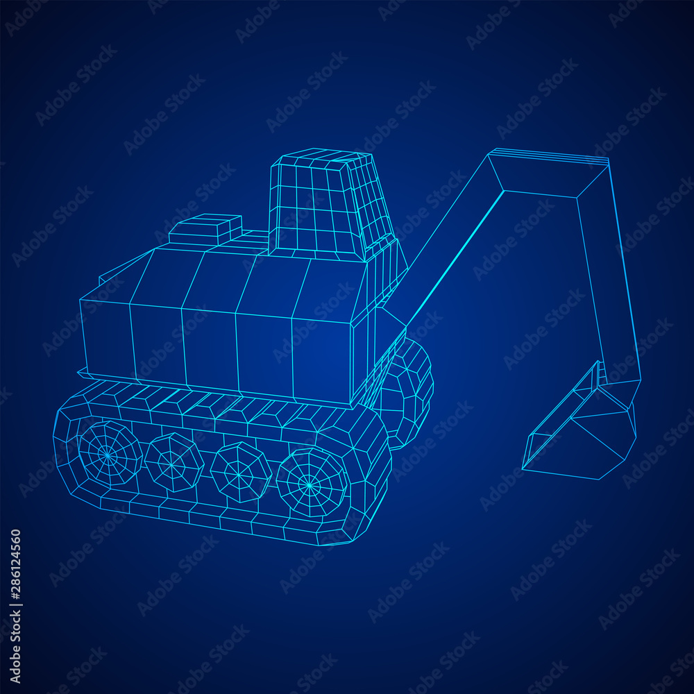 Excavator heavy equipment construction company. Wireframe low poly mesh vector illustration Excavator heavy equipment construction company. Wireframe low poly mesh vector illustration