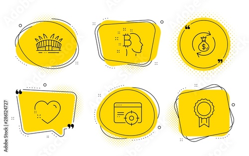 Arena stadium, Heart and Reward signs. Chat bubbles. Money exchange, Bitcoin think and Seo targeting line icons set. Cash in bag, Cryptocurrency head, Performance. Sport complex. Business set. Vector