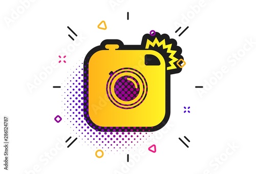 Hipster photo camera sign icon. Halftone dots pattern. Retro camera with flash symbol. Classic flat photo icon. Vector