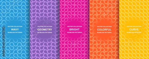 Set of bright vector colorful seamless geometric wavy patterns - creative design. Vibrant curly backgrounds, endless curve textures