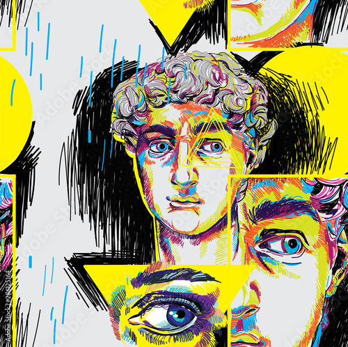 Seamless pattern with greek sculptures. Men's faces. Stylish colorful background. pop art, modern antiquity.