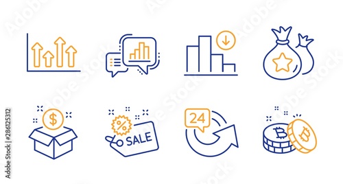 Sale, 24 hours and Loyalty points line icons set. Graph chart, Decreasing graph and Post package signs. Upper arrows, Bitcoin symbols. Shopping tag, Repeat. Finance set. Line sale icon. Vector