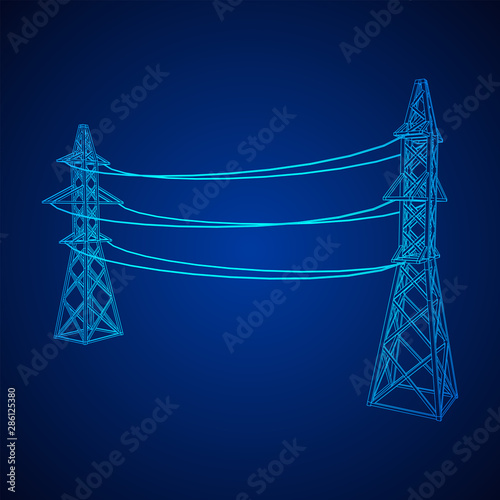 Power transmission tower high voltage pylon. Wireframe low poly mesh vector illustration