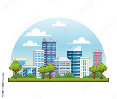 City buildings and park with trees scenery