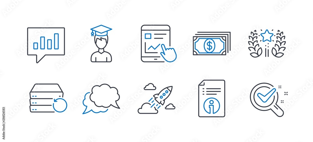 Set of Education icons, such as Startup rocket, Technical info, Payment, Student, Ranking, Chat message, Recovery server, Internet report, Analytical chat, Chemistry lab line icons. Vector Set of Education icons, such as Startup rocket, Technical info, Payment, Student, Ranking, Chat message, Recovery server, Internet report, Analytical chat, Chemistry lab line icons. Vector