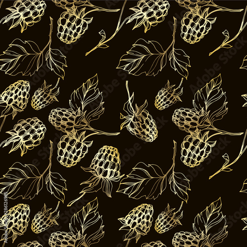 Vector Raspberry healthy food isolated. Black and white engraved ink art. Seamless background pattern.