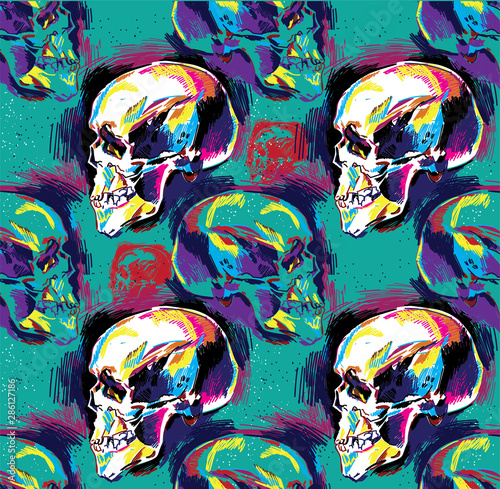 Seamless pattern Human skull, colorful drawing, sketch. Skull, death, magic.