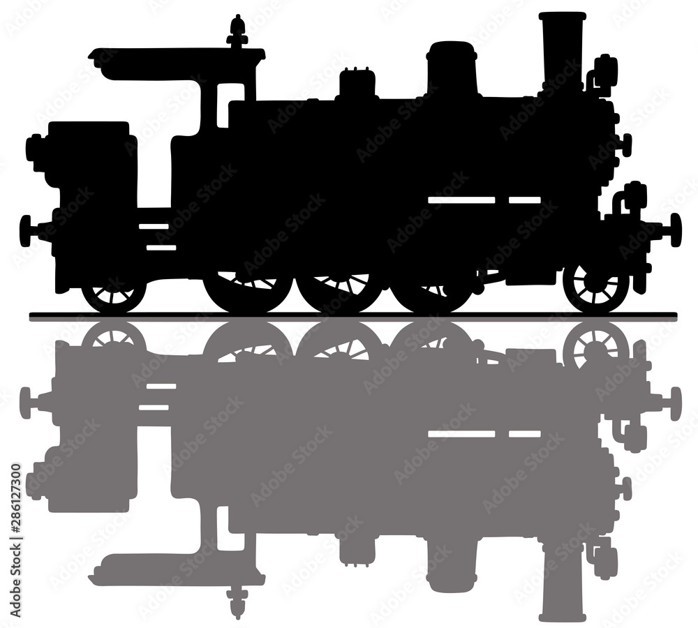 Fototapeta The hand drawing of a black silhouette of a vintage tank engine steam locomotive
