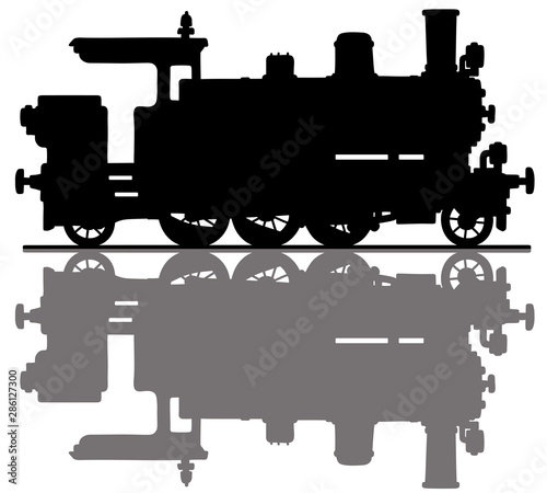 The hand drawing of a black silhouette of a vintage tank engine steam locomotive
