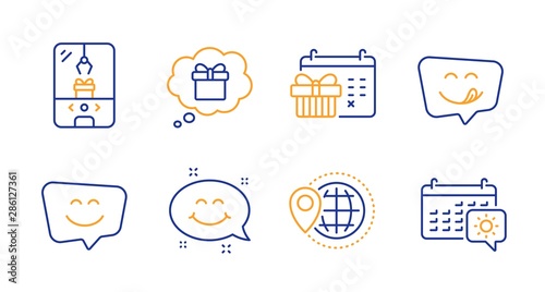 Christmas calendar, Crane claw machine and Smile face line icons set. Yummy smile, World travel and Gift dream signs. Travel calendar symbol. Presents day, Attraction park. Holidays set. Vector