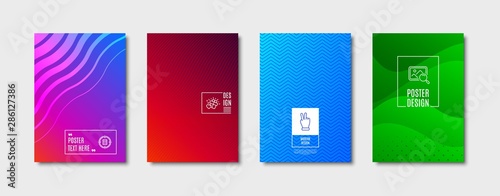 Victory hand sign. Poster design, cover template. Love gift, Calculator target and Search photo line icons set. Heart, Audit, Find image. Gesture palm. Business set. Abstract background. Vector