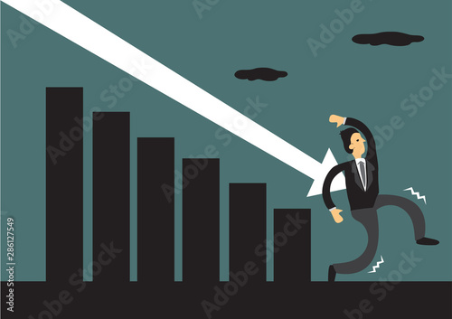 Businessman attack by the arrow which symbolise the downfall of the market. Metaphor of the falling of economy during bad times. Vector illustration.