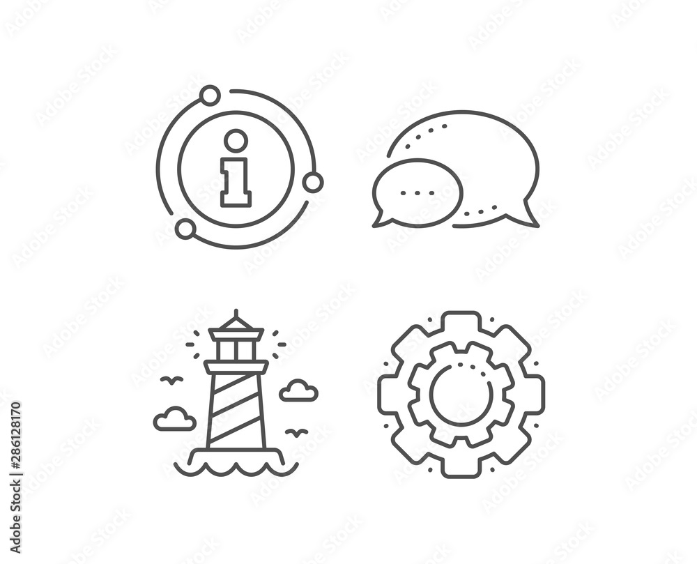 Lighthouse line icon. Chat bubble, info sign elements. Beacon tower sign. Searchlight building symbol. Linear lighthouse outline icon. Information bubble. Vector Lighthouse line icon. Chat bubble, info sign elements. Beacon tower sign. Searchlight building symbol. Linear lighthouse outline icon. Information bubble. Vector