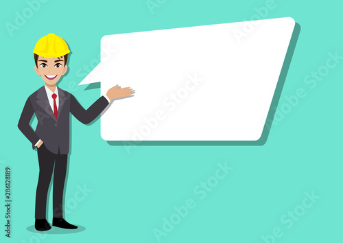 Engineer cartoon character with chat bubbles. Vector illustration