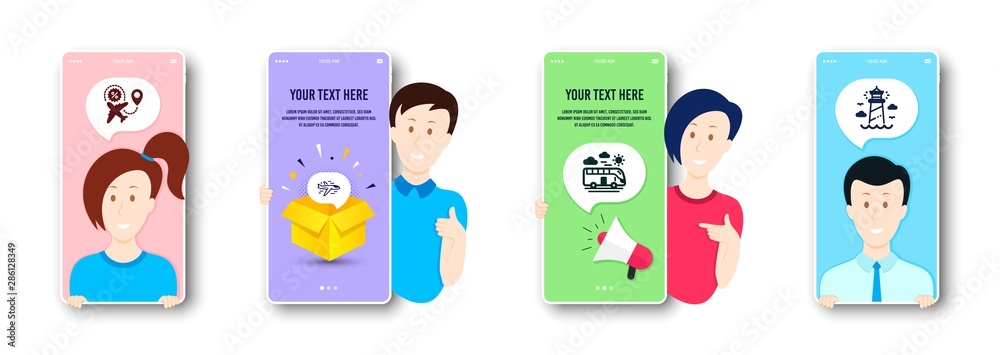 Airplane, Flight sale and Bus travel icons simple set. People on phone screen. Lighthouse sign. Plane, Travel discount, Transport. Beacon tower. Transportation set. Vector Airplane, Flight sale and Bus travel icons simple set. People on phone screen. Lighthouse sign. Plane, Travel discount, Transport. Beacon tower. Transportation set. Vector