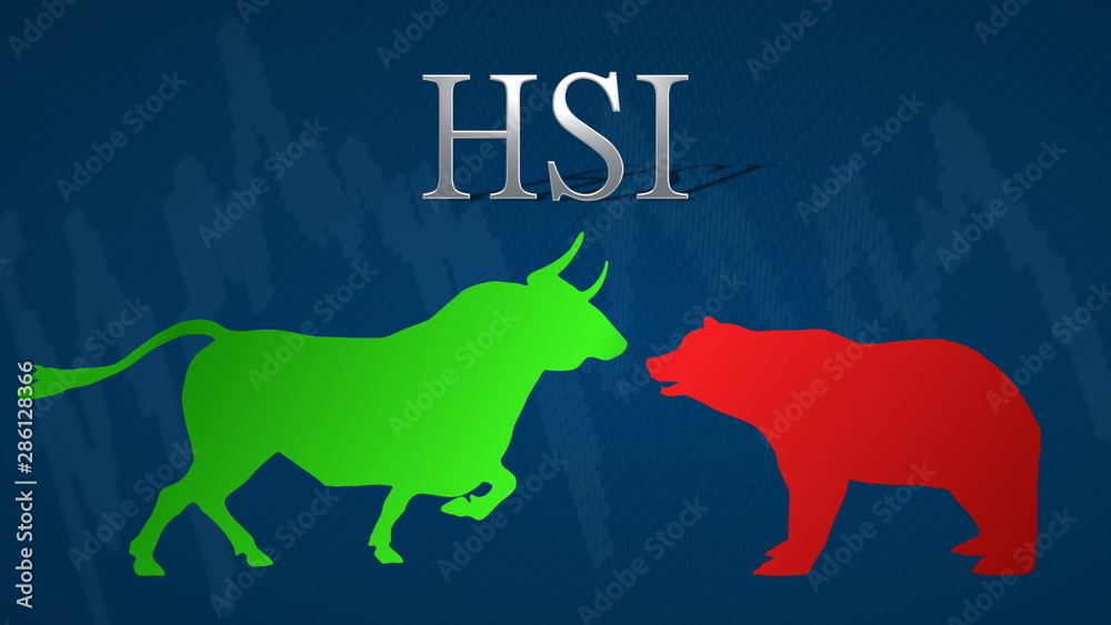 Illustration of standoff between the market's bulls and bears in the Hong Kong stock market index Hang Seng or HSI. A green bull versus a red bear with a blue background and a typical chart.