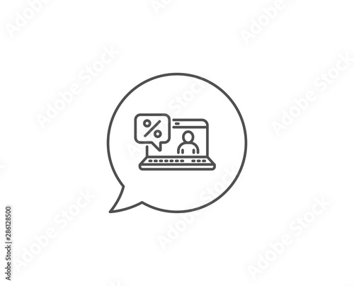Online loan percent line icon. Chat bubble design. Discount sign. Credit percentage symbol. Outline concept. Thin line online loan icon. Vector