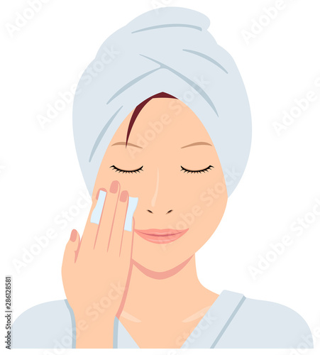 Young asian woman face vector illustration (just out of the bath)  / cotton, makeup removal 
