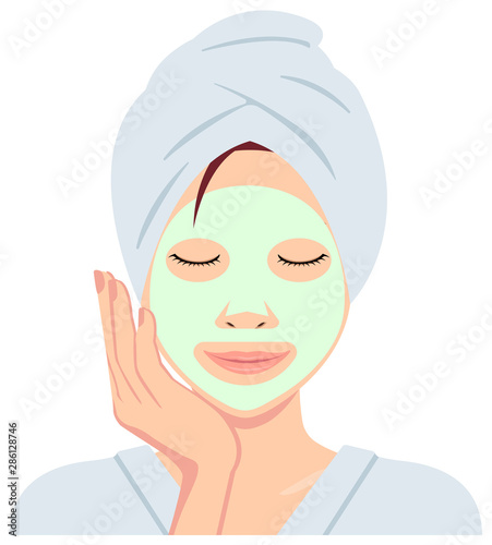 Young asian woman face vector illustration (just out of the bath)  / face pack, facial mask