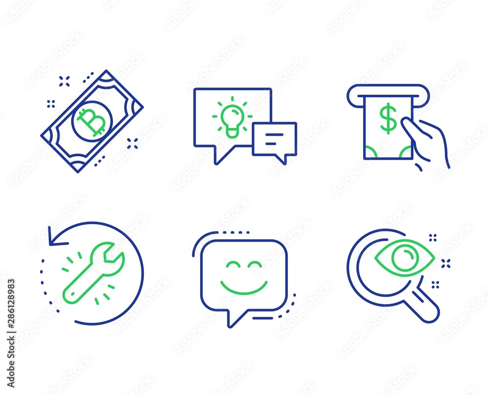 Smile face, Bitcoin and Idea lamp line icons set. Recovery tool, Atm service and Vision test signs. Chat, Cryptocurrency coin, Business energy. Backup info. Business set. Vector Smile face, Bitcoin and Idea lamp line icons set. Recovery tool, Atm service and Vision test signs. Chat, Cryptocurrency coin, Business energy. Backup info. Business set. Vector