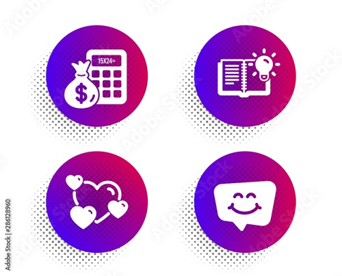 Heart, Product knowledge and Finance calculator icons simple set. Halftone dots button. Smile chat sign. Love rating, Education process, Calculate money. Happy face. Technology set. Vector