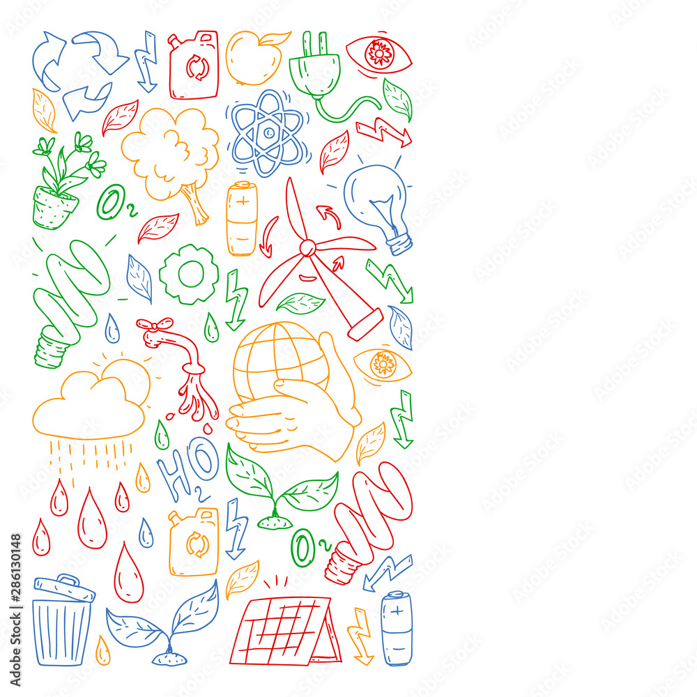 Fototapeta premium Vector logo, design and badge in trendy drawing style - zero waste concept, recycle and reuse, reduce - ecological lifestyle and sustainable developments icons.