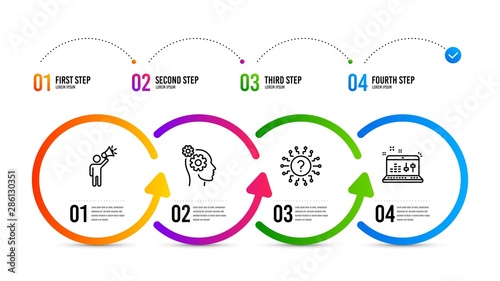 Sound check sign. Infographics timeline. Brand ambassador, Question mark and Thoughts line icons set. Megaphone, Quiz chat, Business work. Dj controller. Business set. Brand ambassador icon. Vector