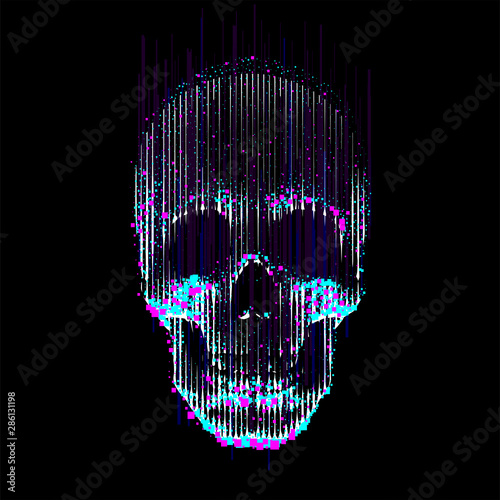 Vector glitch line- art skull  Human skull front view, enlightened from under, made by vertical lines and color particles and pixels. 