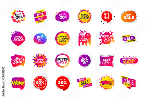 Sale banner badge. Special offer discount tags. Coupon shape templates design. Cyber monday sale discounts. Black friday shopping icons. Best ultimate offer badge. Super discount icons. Vector banners
