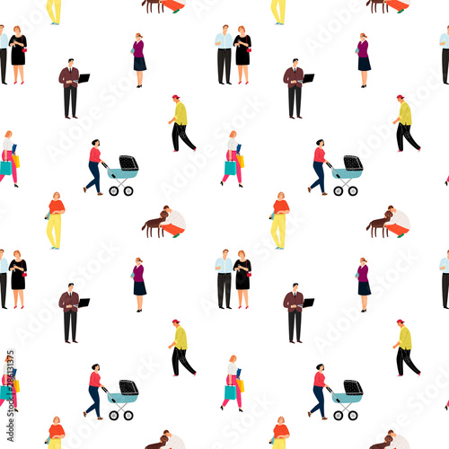 Casual cartoon people vector pattern. Man and woman person in casual fashion and various poses, seamless men and women art posing on white background