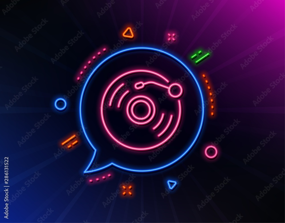 Vinyl record line icon. Neon laser lights. Music sound sign. Musical device symbol. Glow laser speech bubble. Neon lights chat bubble. Banner badge with vinyl record icon. Vector Vinyl record line icon. Neon laser lights. Music sound sign. Musical device symbol. Glow laser speech bubble. Neon lights chat bubble. Banner badge with vinyl record icon. Vector