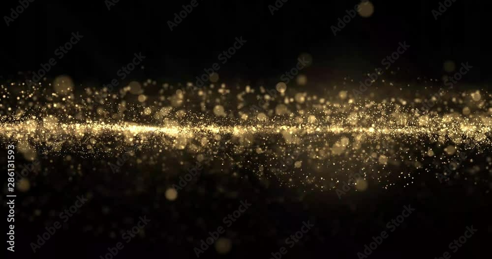 Gold glitter particles wave, light bokeh background, shining gold sparks. Gold glow and shimmering sparkles shine, abstract magic bright sparks in wave motion