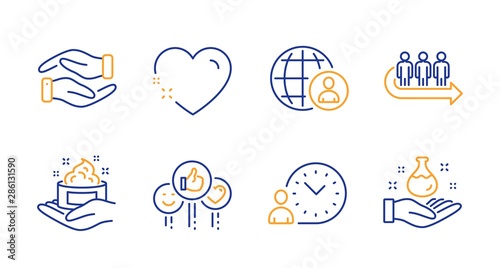 Skin care, Queue and Like line icons set. International recruitment, Heart and Time management signs. Helping hand, Chemistry lab symbols. Hand cream, People waiting. People set. Vector