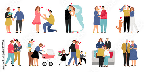 Stages of family. Development of relationship and marriage with child and parent, happy pregnant and couple with baby, vector illustration © ssstocker