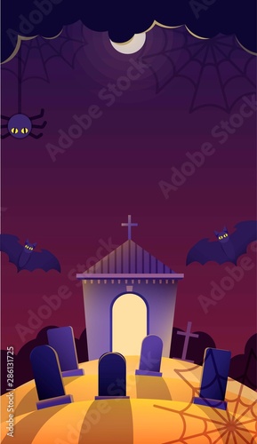 Halloween flyer with moon and cemetery with graves