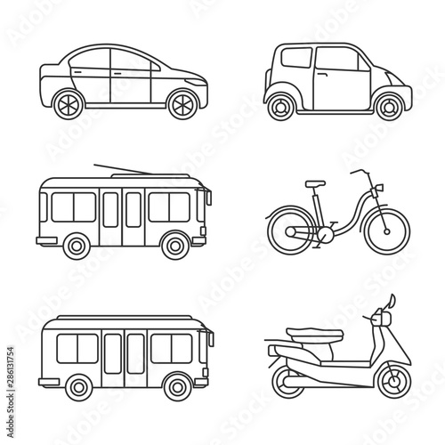 City transport thin line icons. Vector linear transportation icon set, outline car and bus images, bike and taxi, motorcycle and trolley isolated on white background