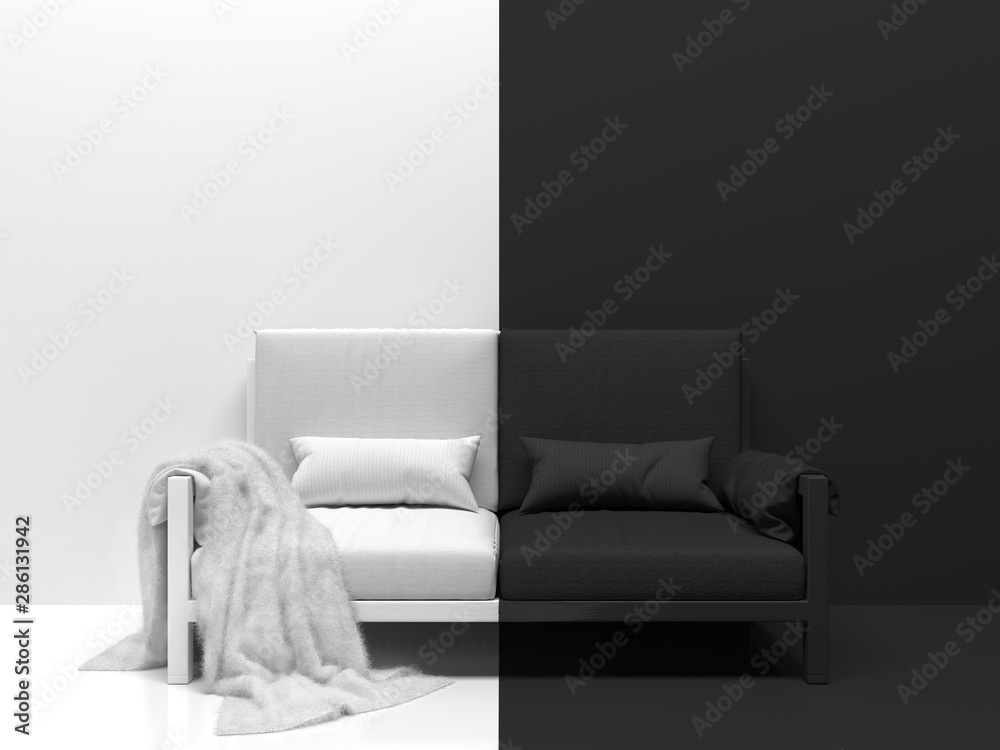 Black and white room interior with a black and white sofa. Creative