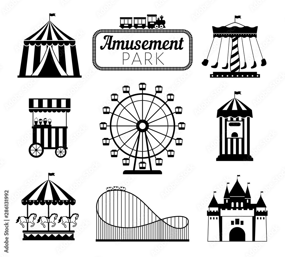 Amusement park black icons. Recreation fun attractions signs, carnival carrousel, circus ticket service, skyline train rollercoaster and festival fun tents symbols Amusement park black icons. Recreation fun attractions signs, carnival carrousel, circus ticket service, skyline train rollercoaster and festival fun tents symbols