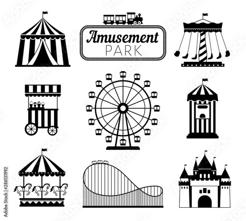 Amusement park black icons. Recreation fun attractions signs, carnival carrousel, circus ticket service, skyline train rollercoaster and festival fun tents symbols