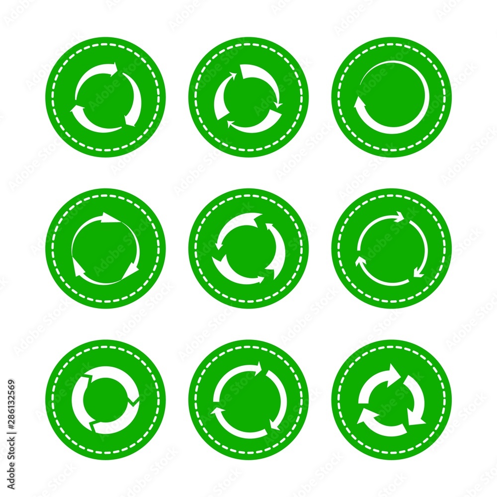 Green recycling round arrows. Vector circle arrow icons, rounded recycle symbols, lifecycle recyclability signs, clear environment green circles pictograms Green recycling round arrows. Vector circle arrow icons, rounded recycle symbols, lifecycle recyclability signs, clear environment green circles pictograms