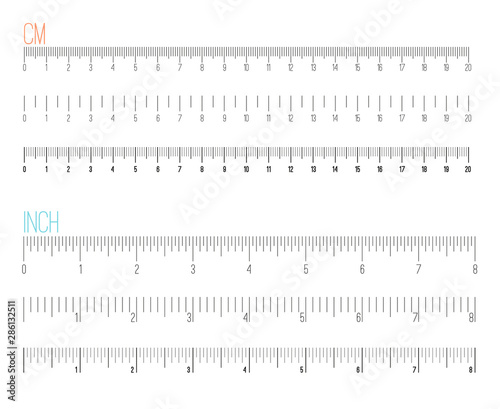Inch and metric measuring rulers. Measurement precision scale, size indicators with regular precise graduation grid on white, vector illustration