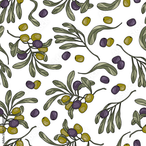 seamless pattern of olives and leaves, vector