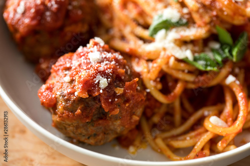 Close up of pasta and meatballs photo