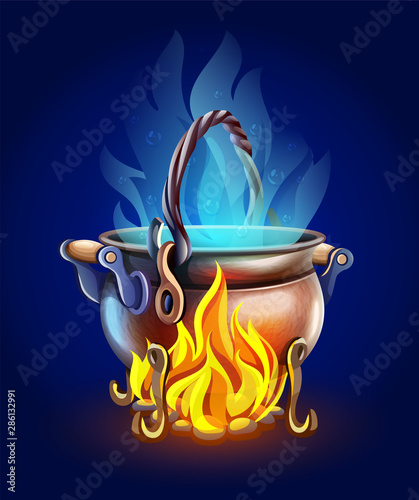 Fairy-tale pot with magic of witch potion cooking at bonfire with burning fire. Blue steam. Eps10 vector illustration.